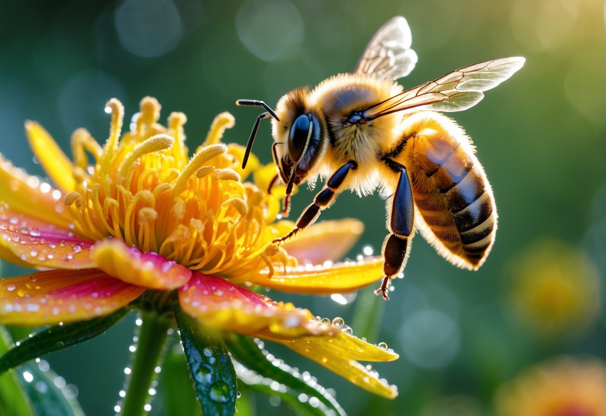 A honeybee landing on a bright yellow and orange flower with green blurred background.