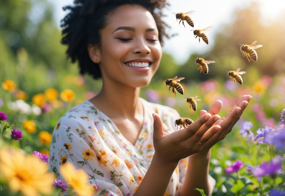 A person outdoors in a garden with flowers, smiling as bees hover nearby.