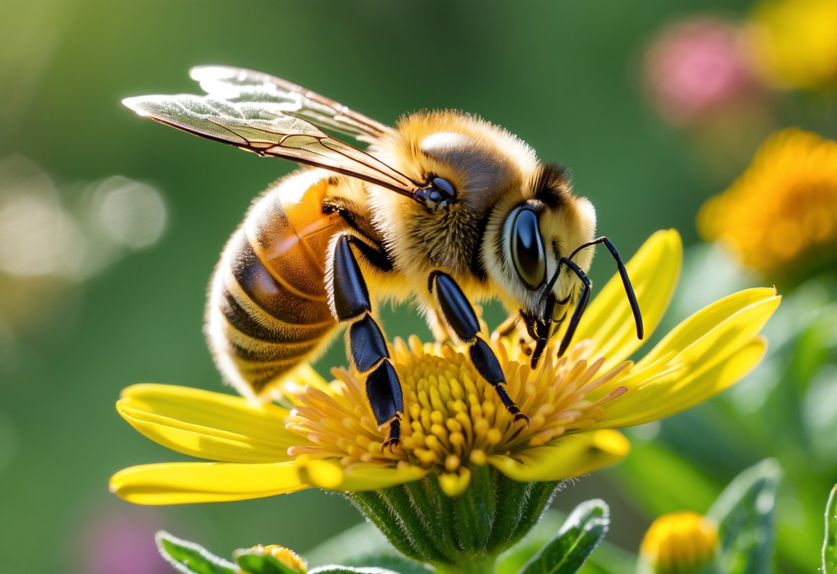 A honeybee collecting pollen on a yellow flower in a green natural environment.