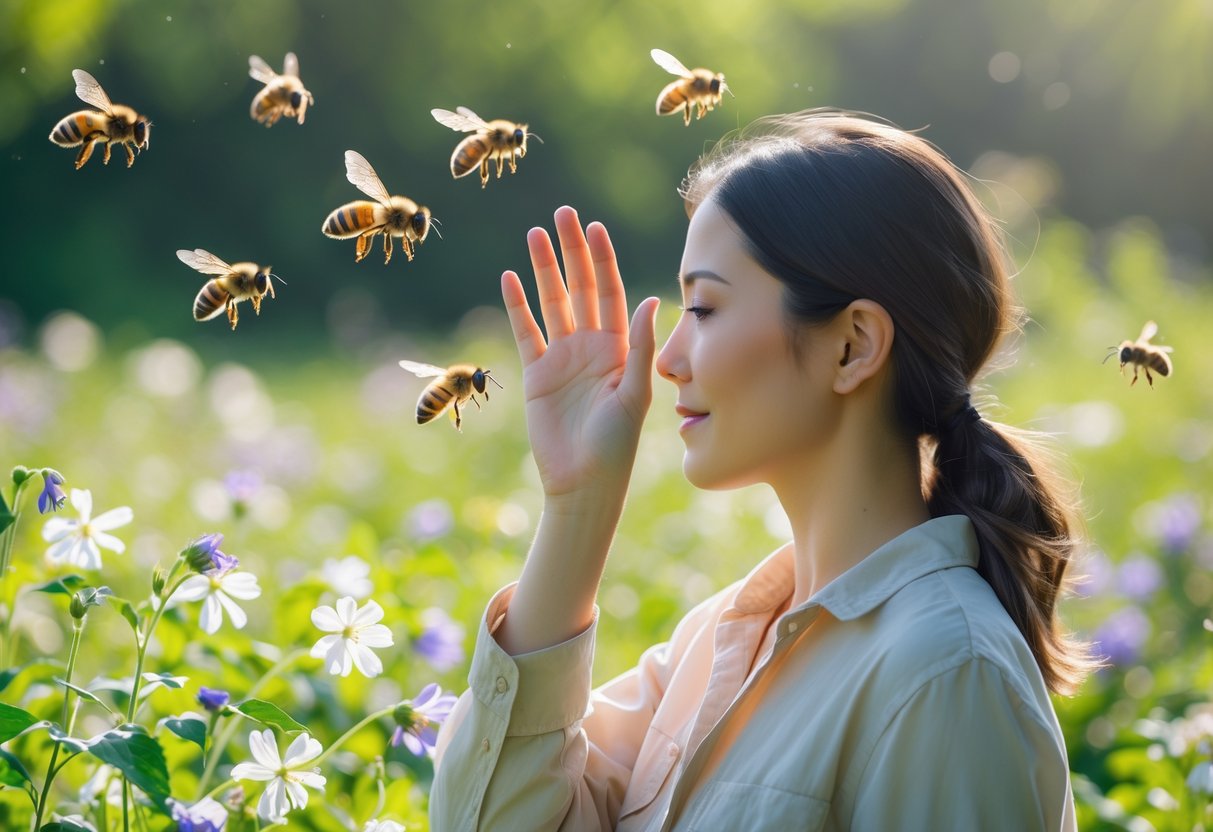 A person outdoors gently waving their hand to keep bees from landing on them in a garden with flowers and green plants.