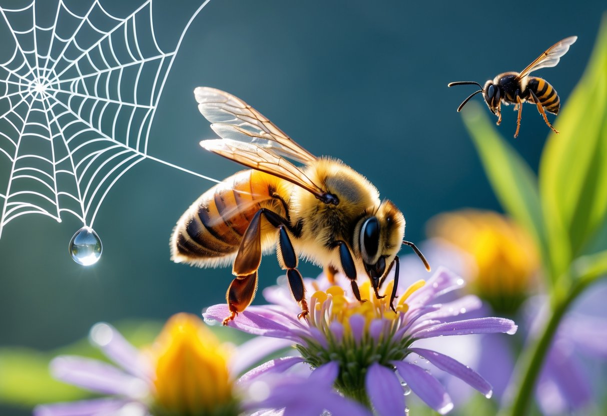 A honeybee on a flower with a spider web, water droplet, and a distant wasp nearby.