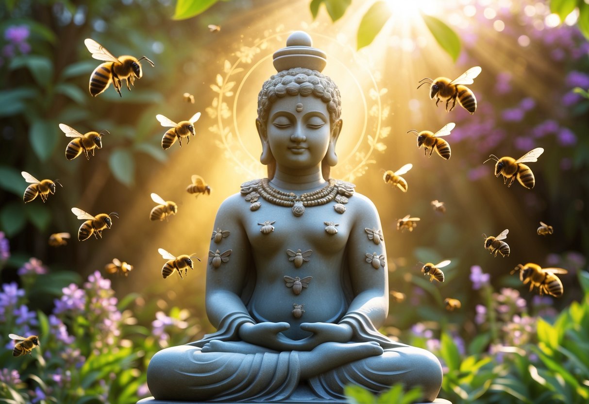 A stone statue of a deity surrounded by bees in a vibrant garden with flowers and sunlight.