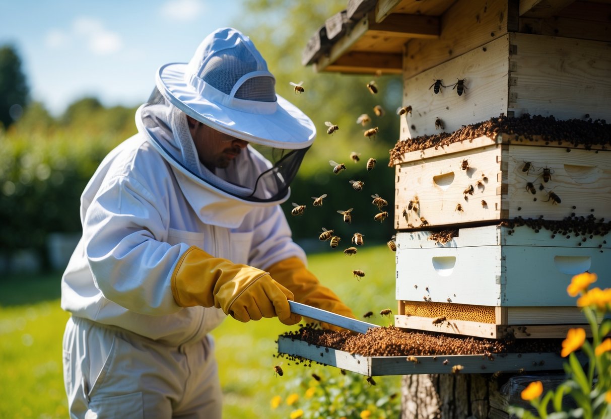 A person in protective beekeeping gear removing a beehive from a wooden structure outdoors with bees flying nearby.