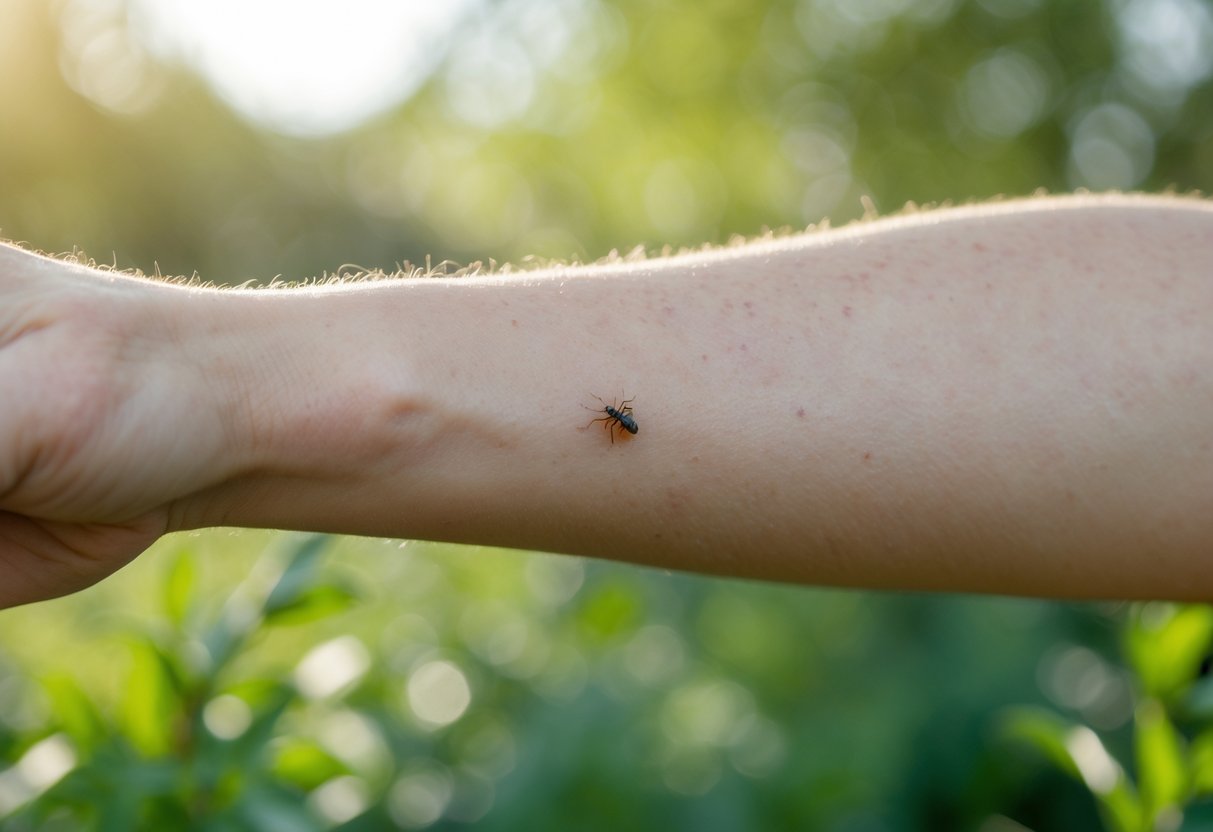 Close-up of a forearm with a red, swollen insect bite outdoors with blurred green background.