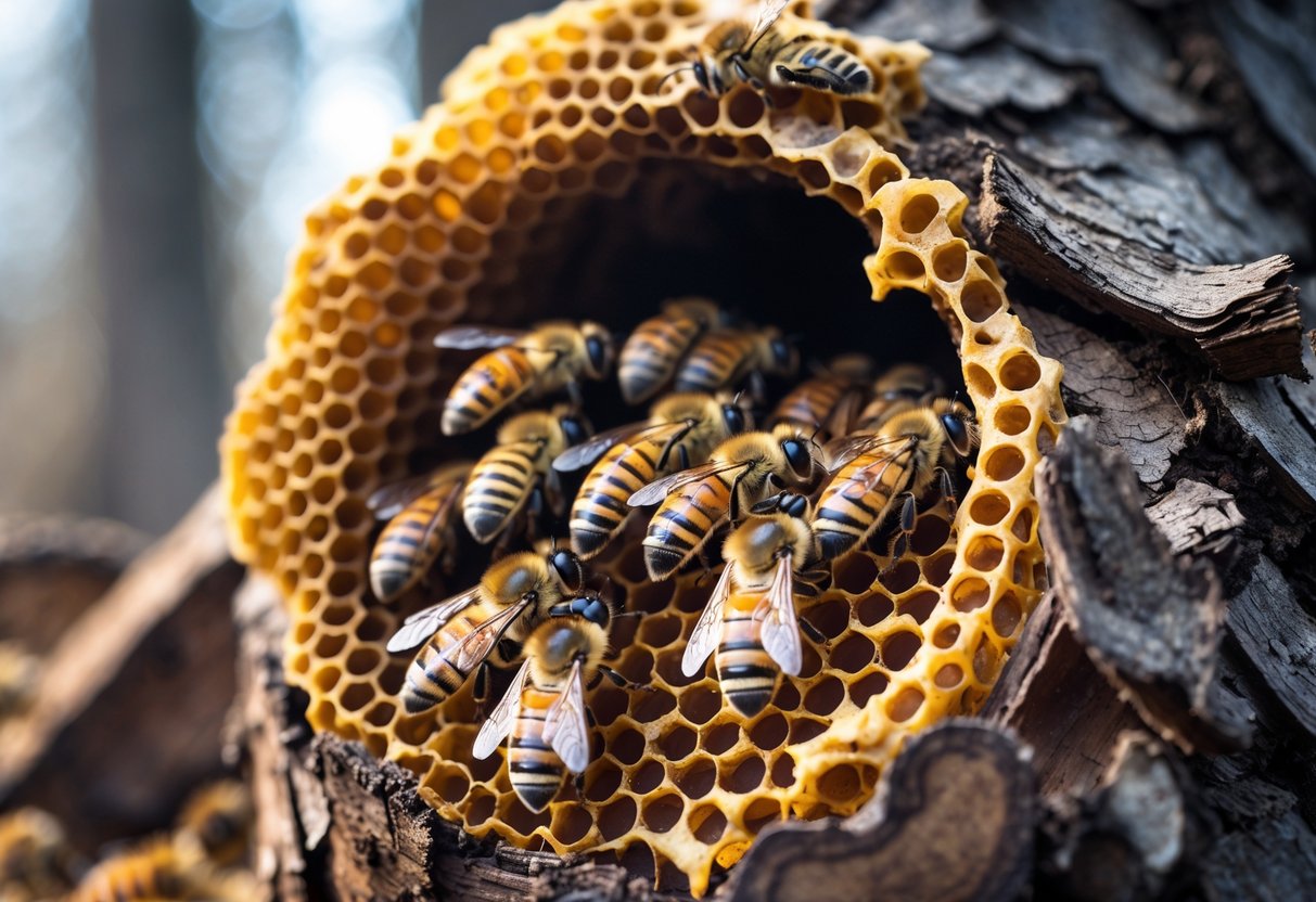 Bees clustered together inside a tree hollow on honeycomb during winter.