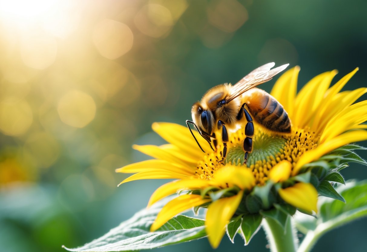 A honeybee sitting on a bright yellow sunflower with green leaves and sunlight in the background.