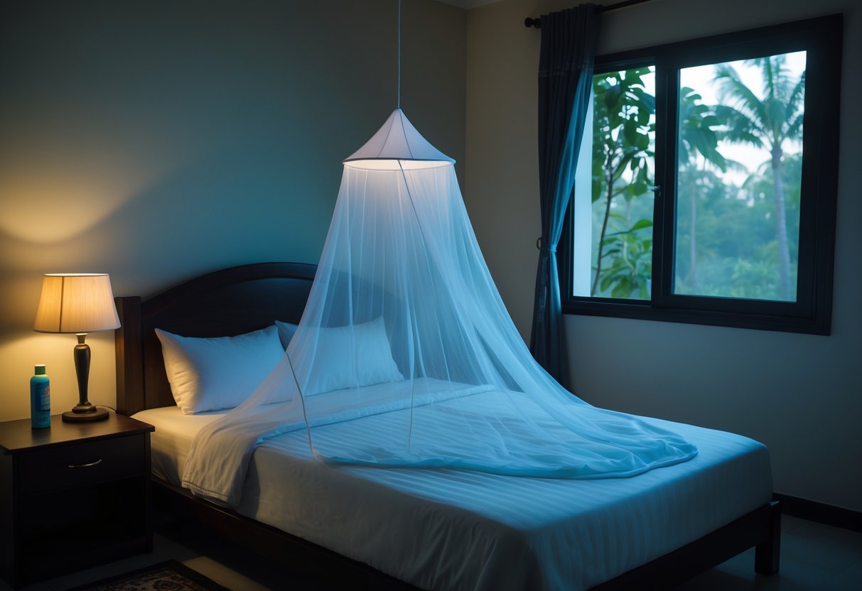 A bedroom at night with a bed covered by a mosquito net, a bedside lamp, insect repellent on the table, and a window with a mosquito screen.