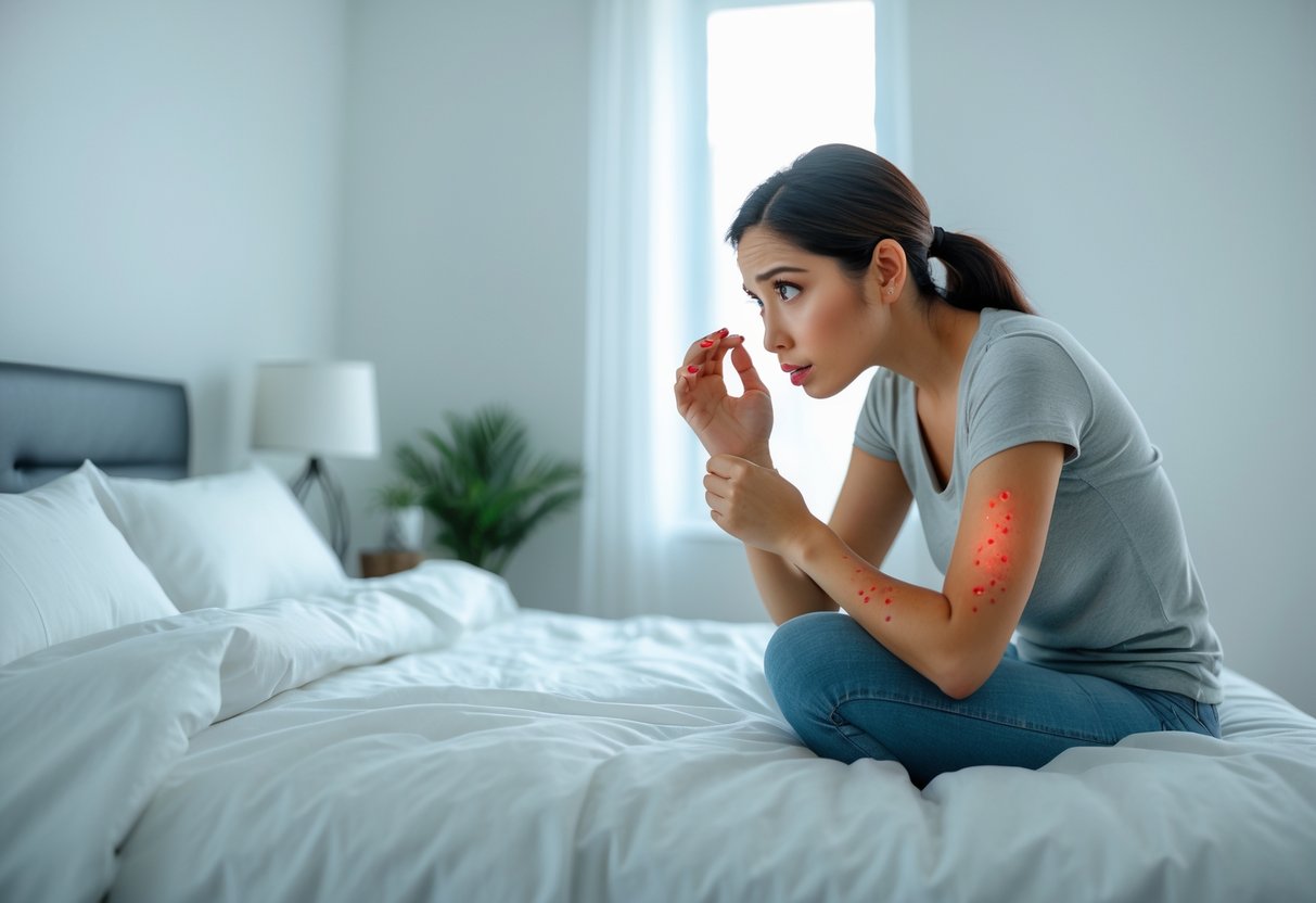 A young woman sitting on a bed looking worried as she examines red bites on her arm in a bright bedroom.