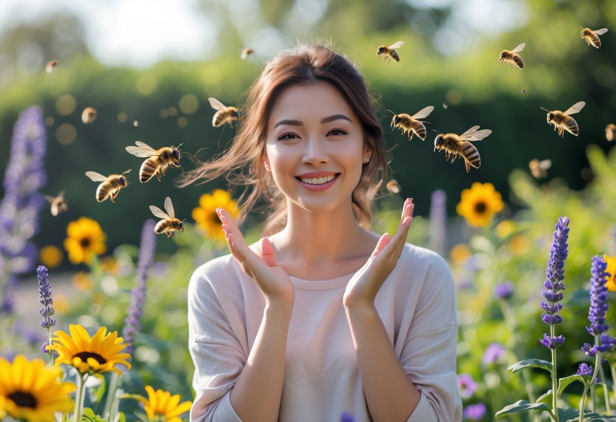 A young woman standing in a garden with flowers and bees flying around her.
