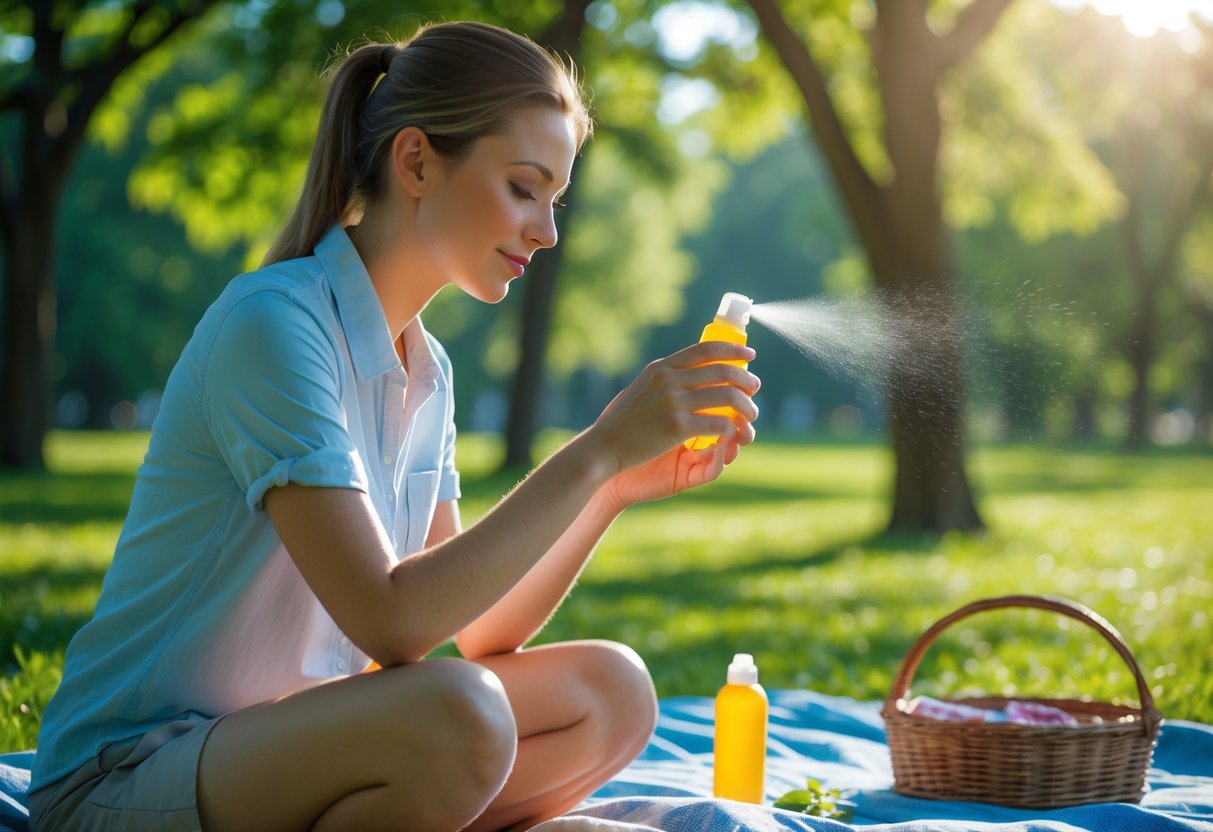 Person applying insect repellent on their arms outdoors in a sunny park.