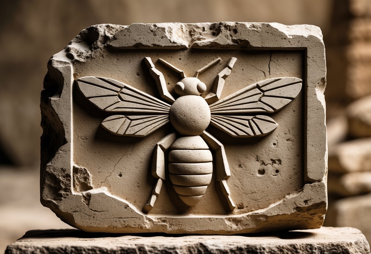 A close-up of an ancient stone tablet carved with a stylized bee symbol.