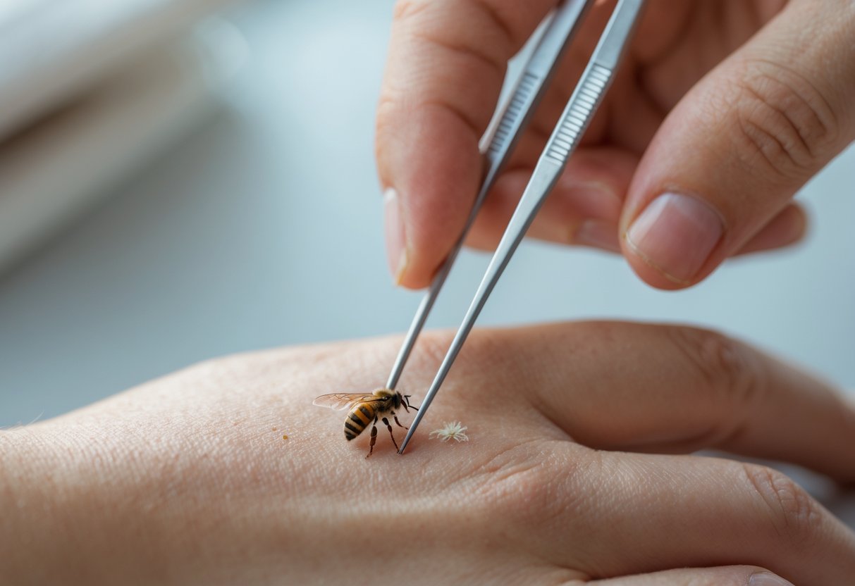 Close-up of hands carefully removing a bee sting from skin using tweezers.