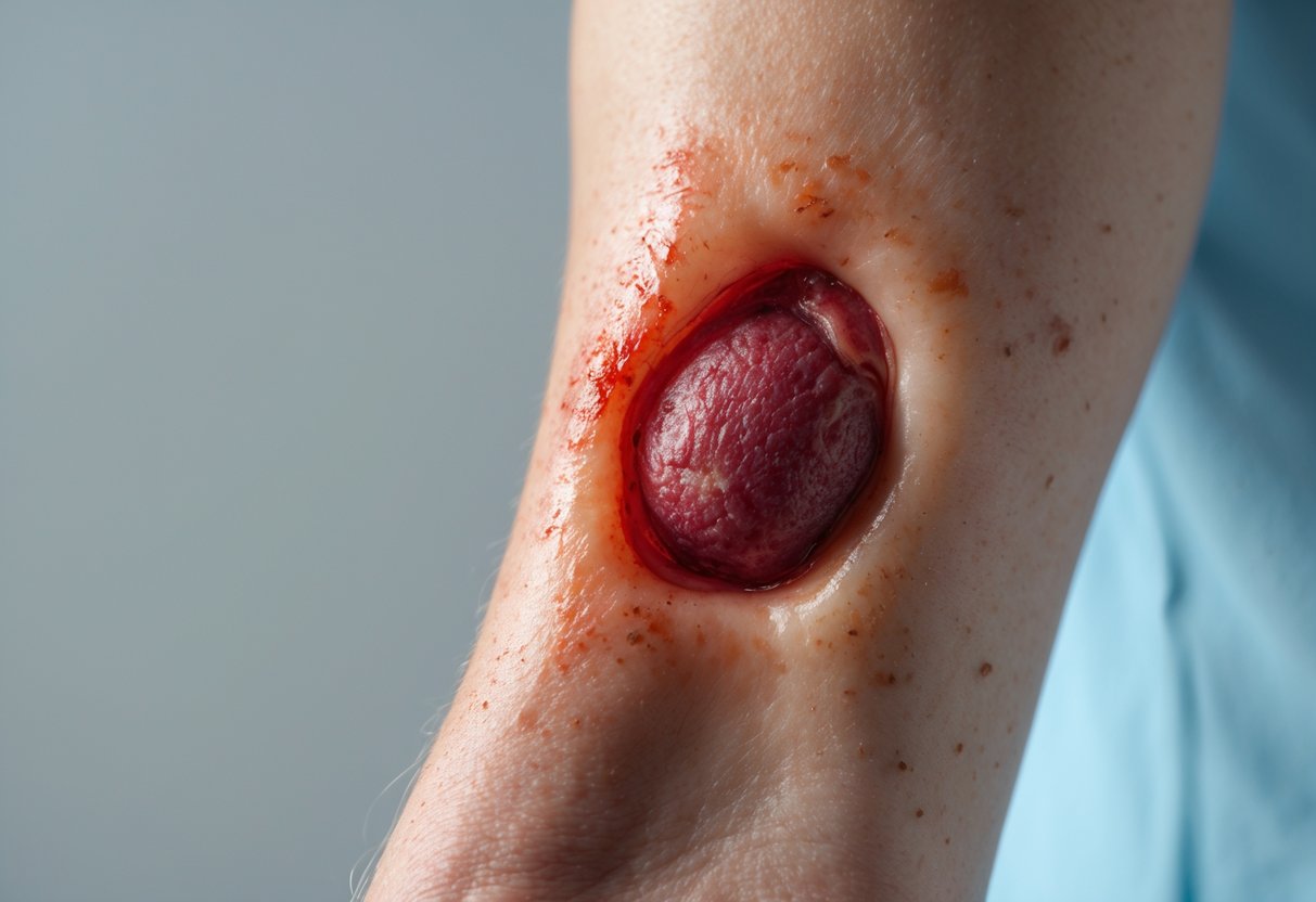 Close-up of a human arm with a red, swollen, and inflamed bite wound showing signs of infection.