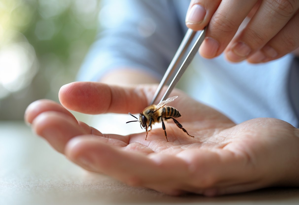 Close-up of a person's hand with a bee sting being carefully removed using tweezers.