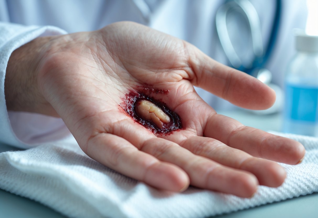Close-up of a human hand with a red, swollen infected bite wound showing signs of inflammation.