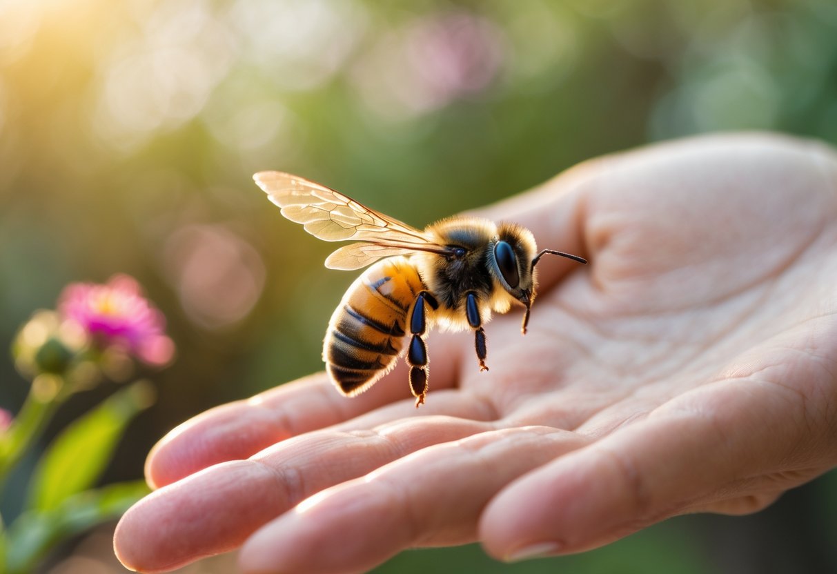 A bee flying close to a person's open hand outdoors with flowers and greenery in the background.