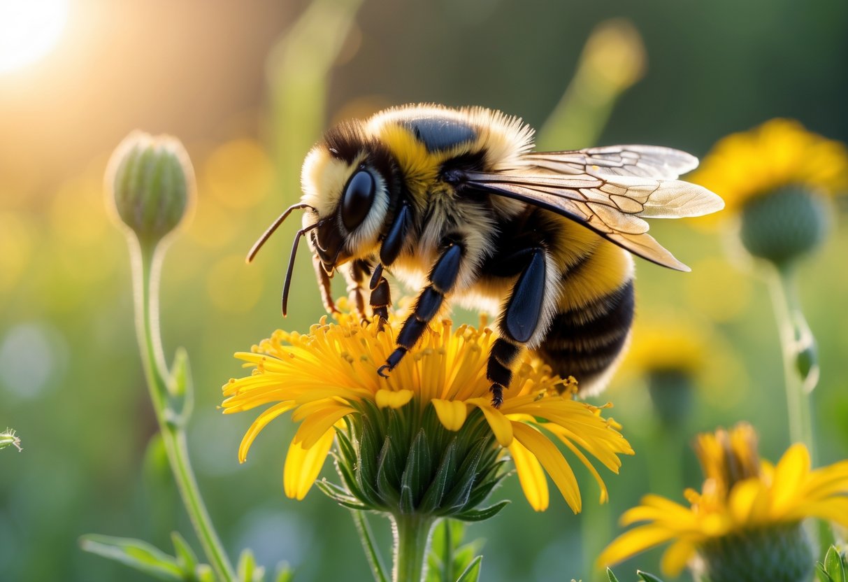 A close-up of a bumblebee resting on a yellow flower in a sunlit meadow with blurred greenery in the background.