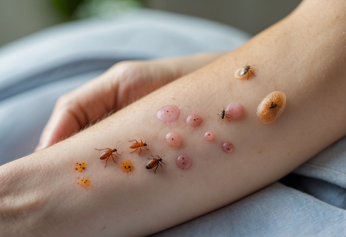 Close-up of a person's arm showing different types of insect bites with redness and swelling.