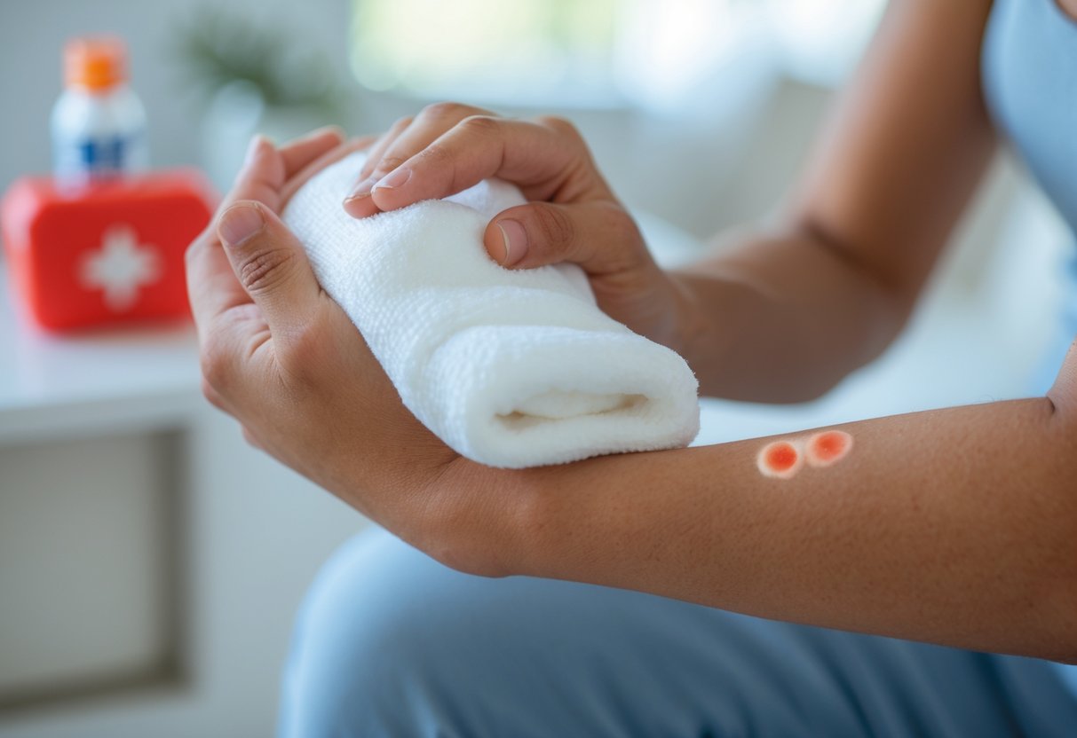 A person applying a cold compress to a swollen red area on their forearm caused by a bee sting.
