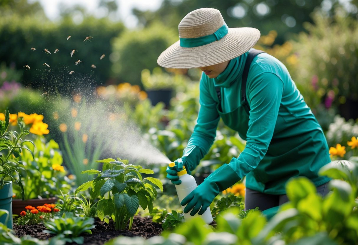 Person gardening wearing protective clothing and applying insect repellent in a green garden.