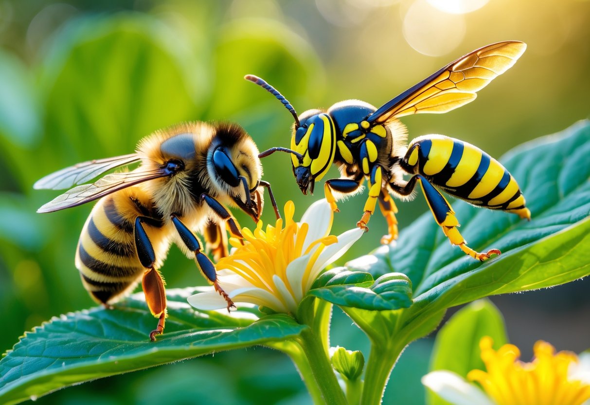 Close-up of a bee collecting nectar on a flower and a wasp perched on a leaf in a garden.