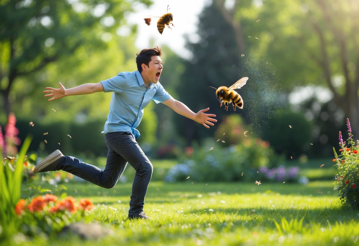A person outdoors panicking and swatting at a bee near flowers in a garden.