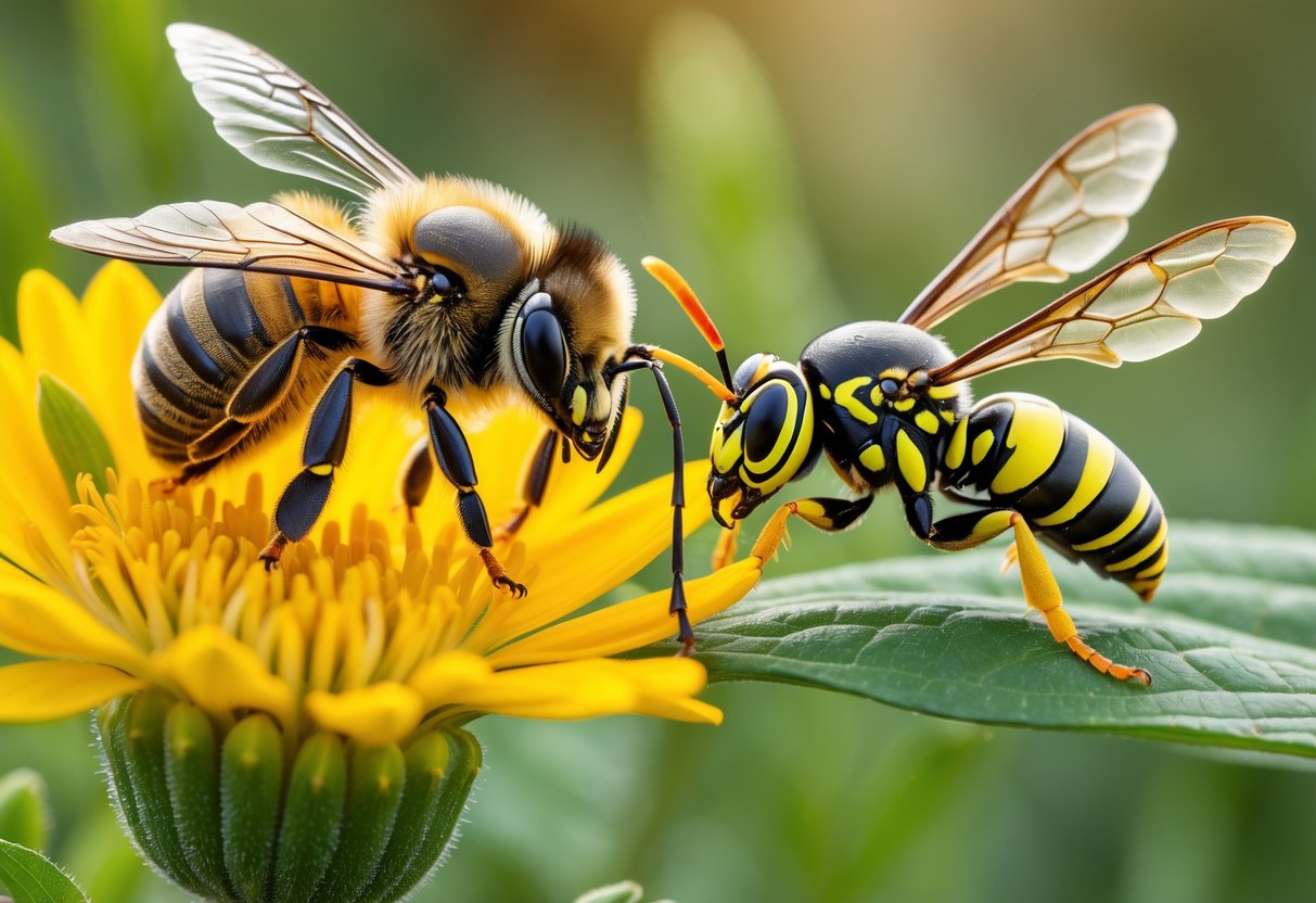Close-up of a bee on a yellow flower and a wasp on a green leaf side by side in a natural outdoor setting.