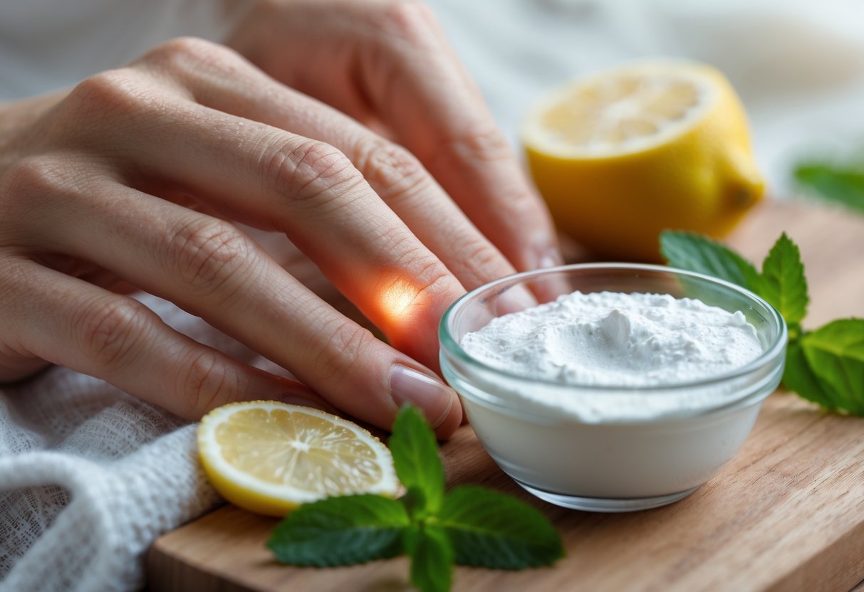 A hand applying a natural remedy to a red bee sting with baking soda paste, lemon halves, and mint leaves nearby on a wooden surface.