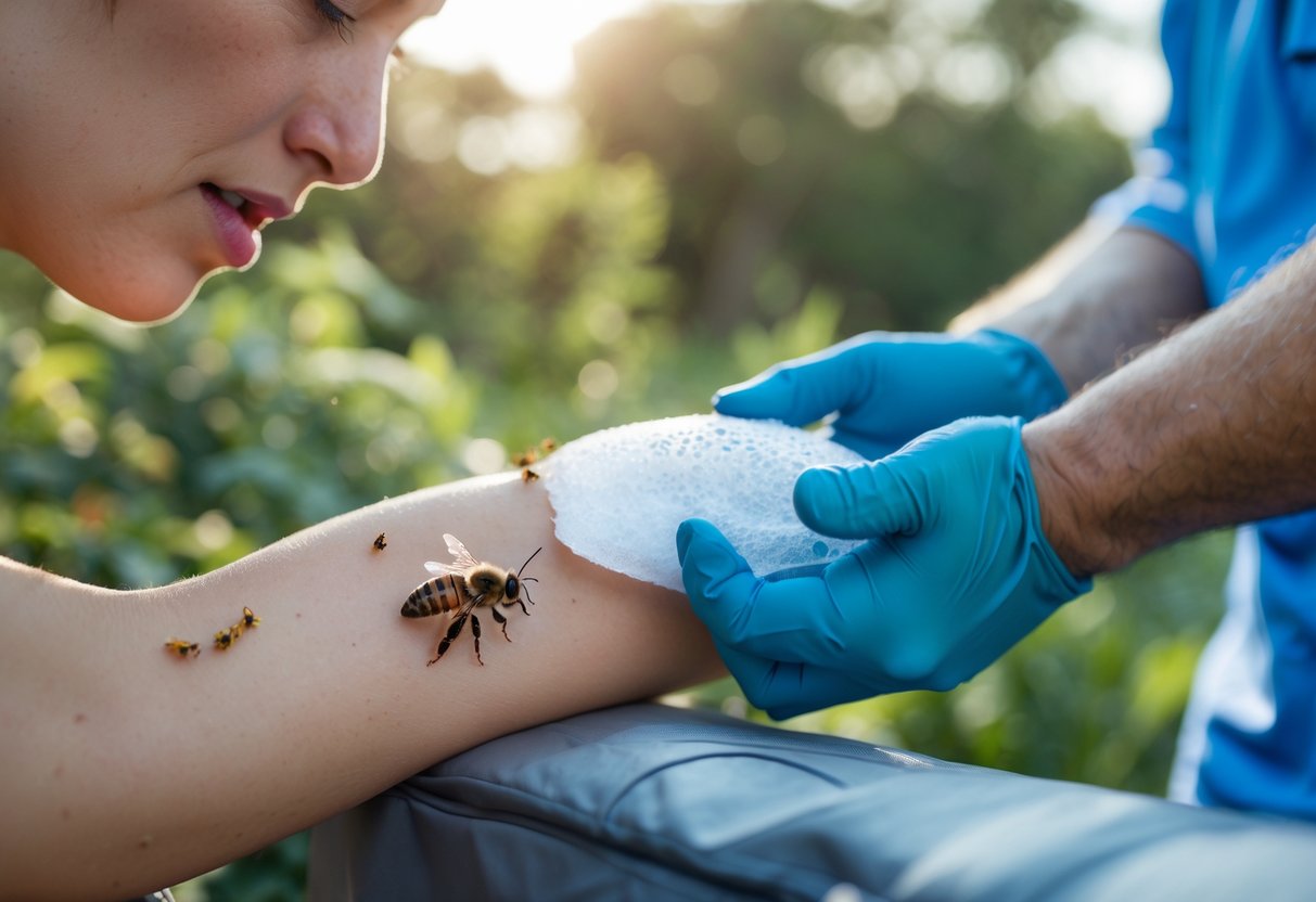 A person outdoors receiving first aid for a bee sting on their arm from another individual applying a cold compress.