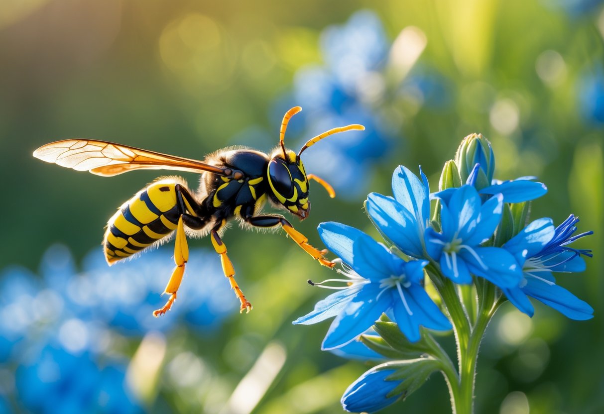 A wasp hovering near bright blue flowers in a garden with green foliage in the background.