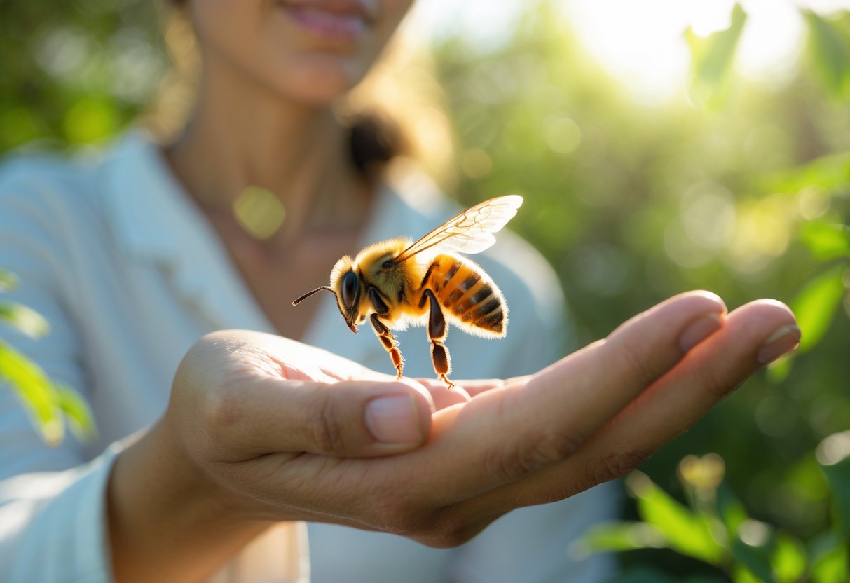 A person outdoors with a honeybee landing gently on their hand against a blurred natural background.