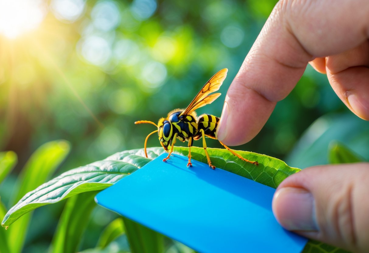 A wasp on a green leaf near a person’s hand holding a bright blue object with a blurred garden background.