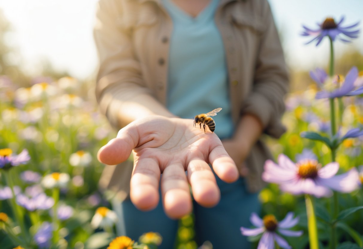 A person standing calmly in a garden with a bee hovering near their hand.