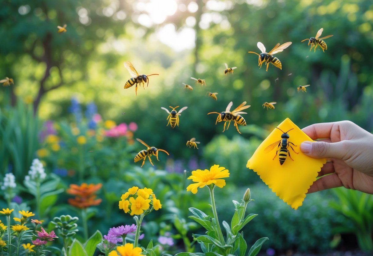 A hand holding a bright yellow object near flowers and plants with wasps flying nearby but avoiding the yellow area in a garden.