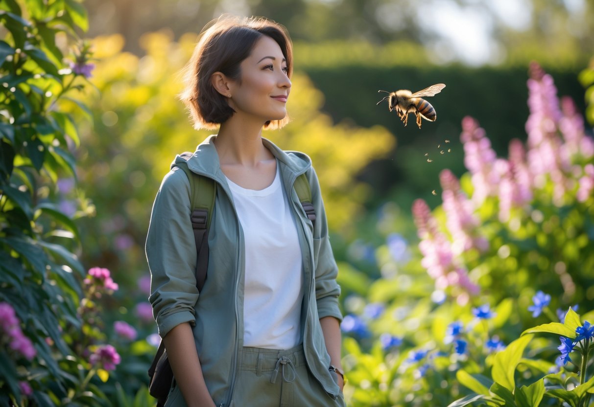 A person standing calmly in a garden with a bee hovering near their hand among flowers.