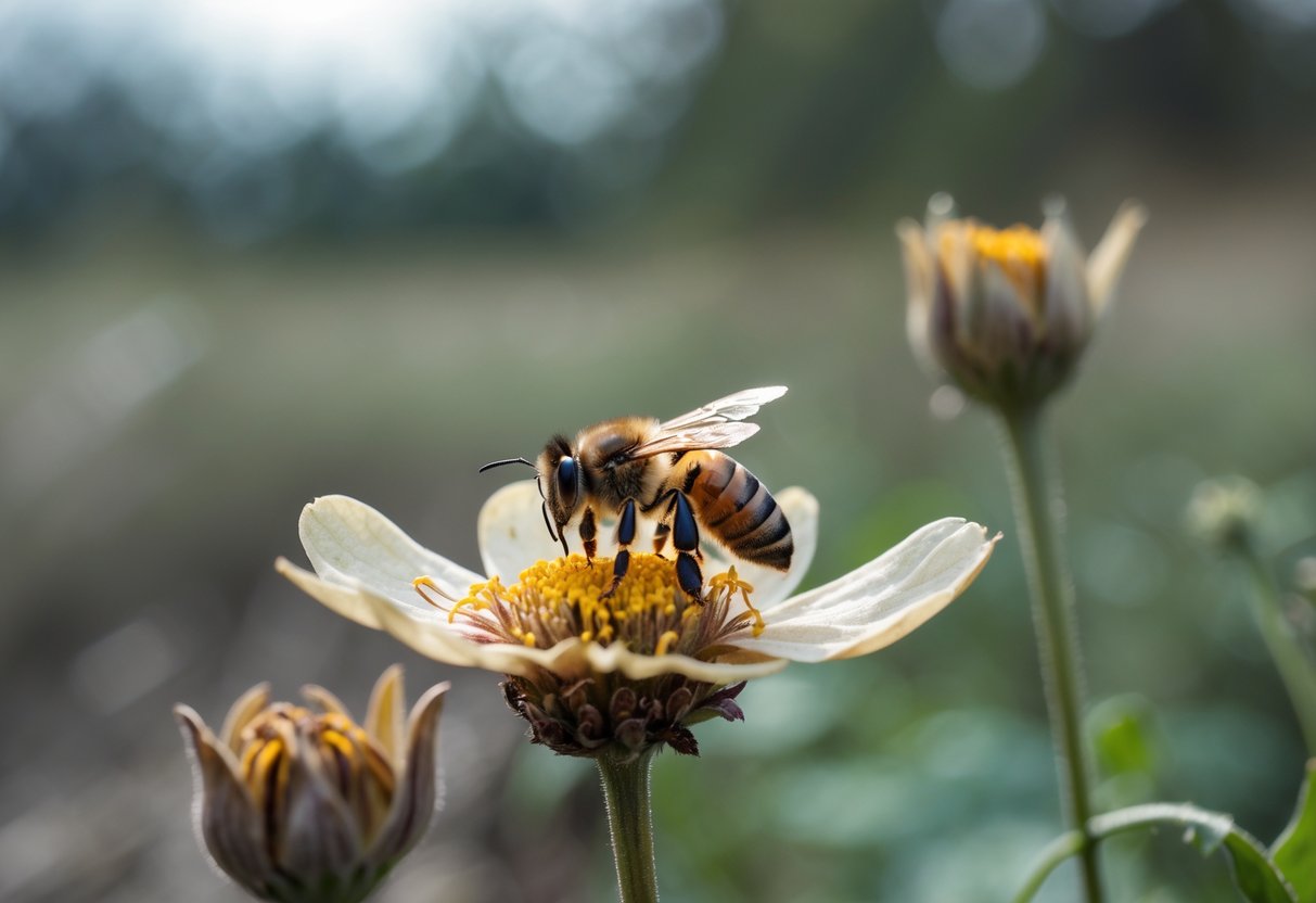 A close-up of a solitary honey bee resting on a wilted flower petal with faded flowers and sparse greenery in the background.