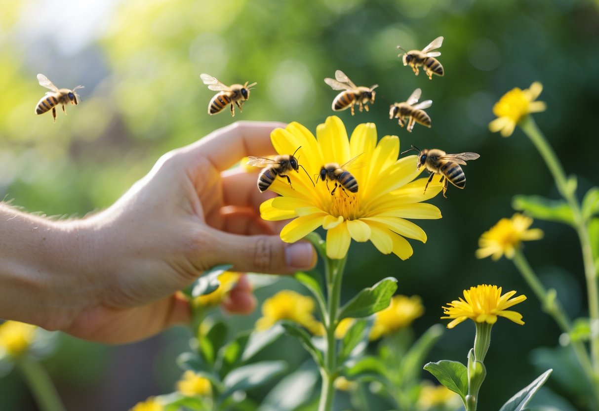 A hand holding a bright yellow flower with bees flying nearby but not landing on it in a garden.