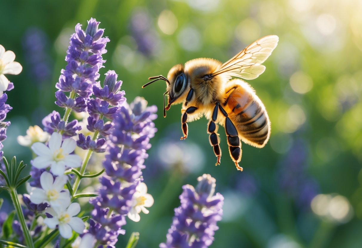 A honeybee flying near colorful flowers in a natural outdoor setting.