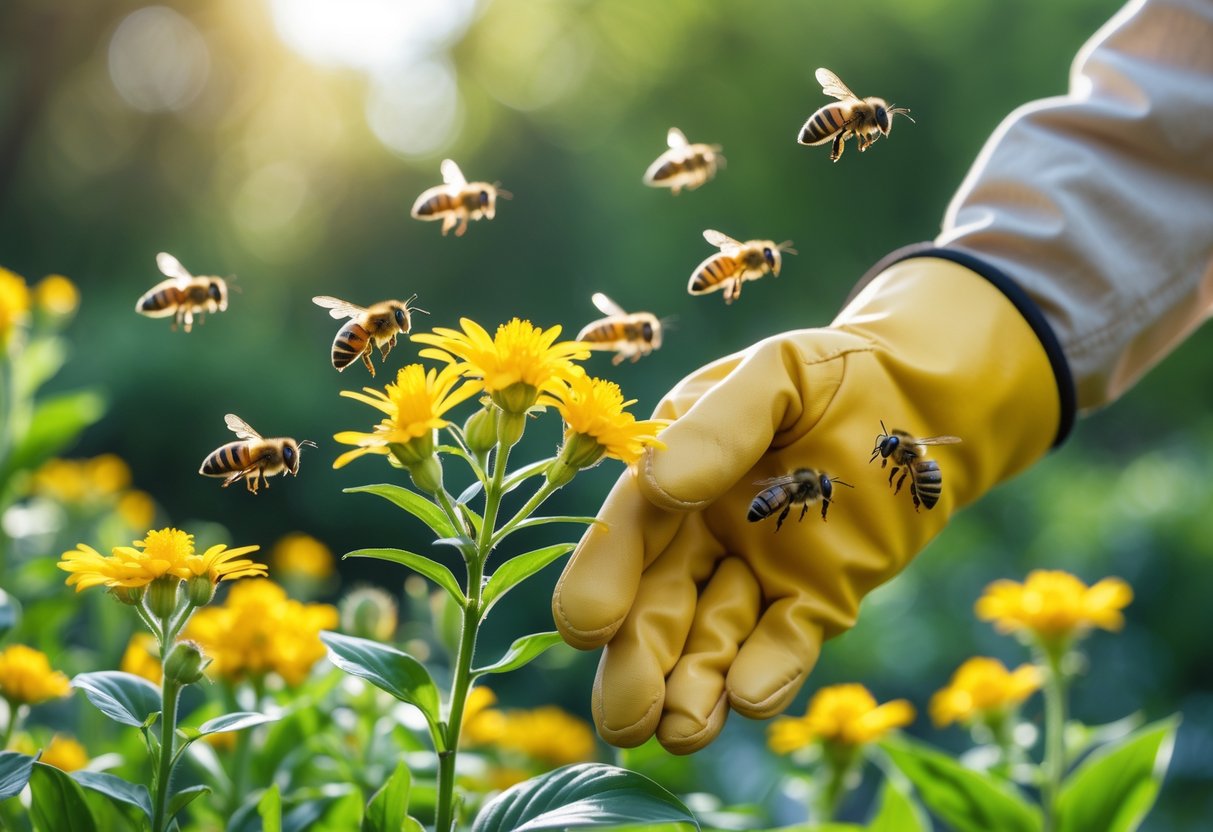 A hand wearing a yellow glove holding flowers with bees flying nearby but avoiding the yellow color.