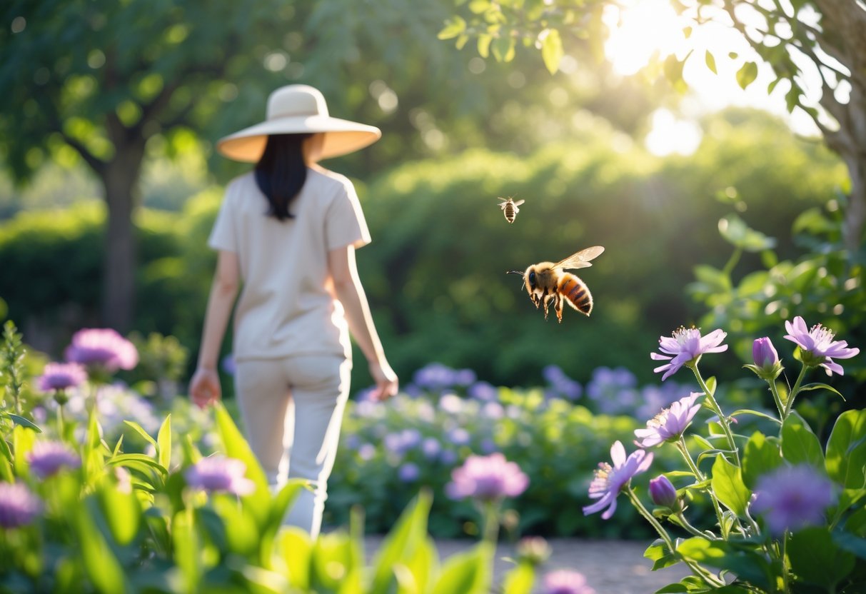 A person wearing a wide-brimmed hat walking calmly near flowers with a bee hovering nearby in a sunny garden.