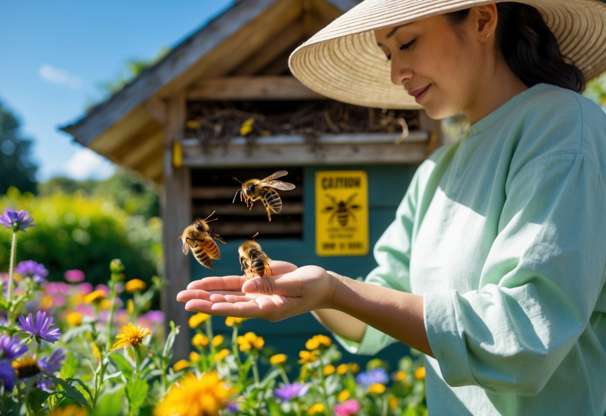 A person gently brushing a bee off their arm in a garden with flowers and a wasp nest visible nearby.