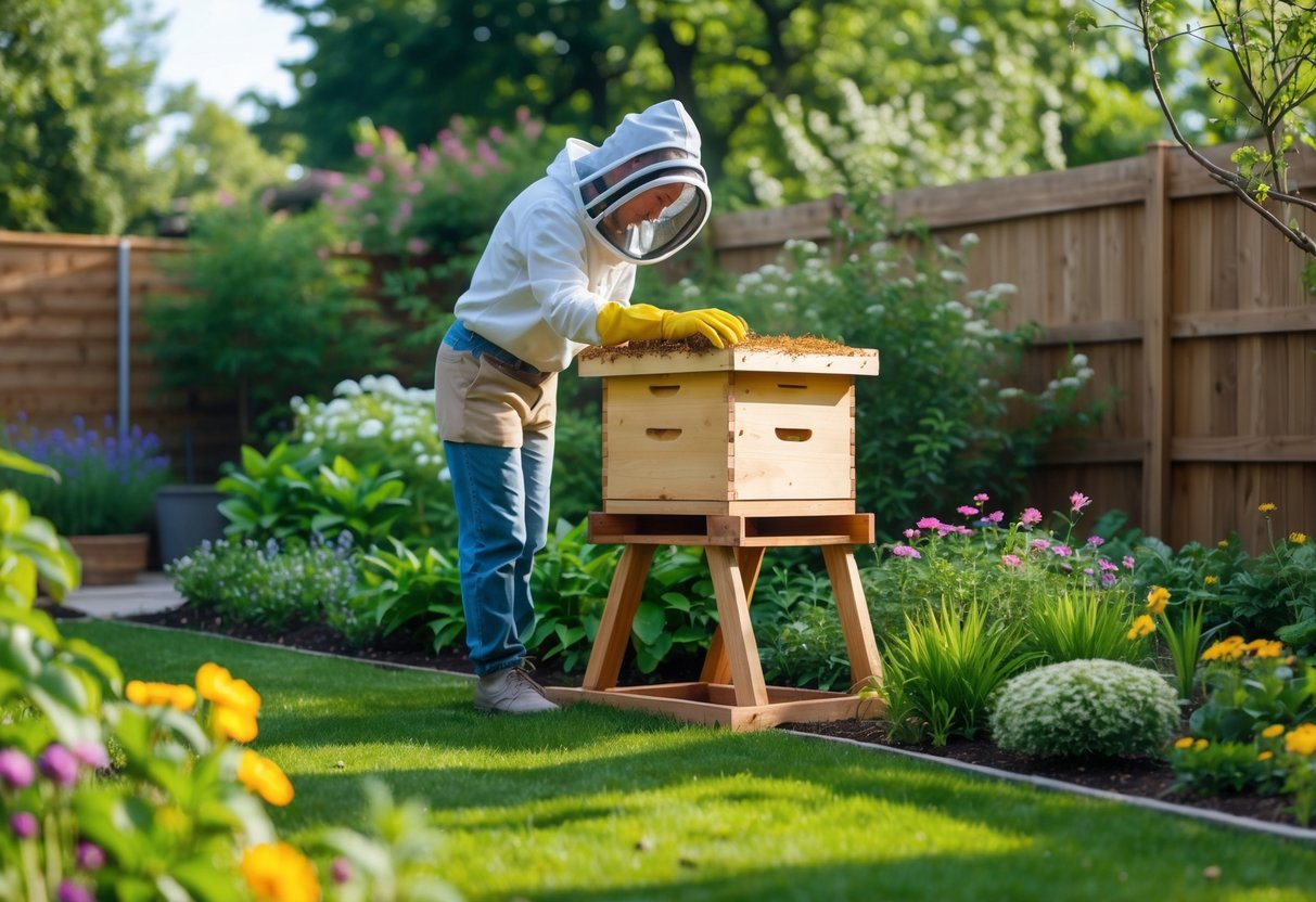 A person inspecting a wooden beehive in a green garden with flowers and trees.