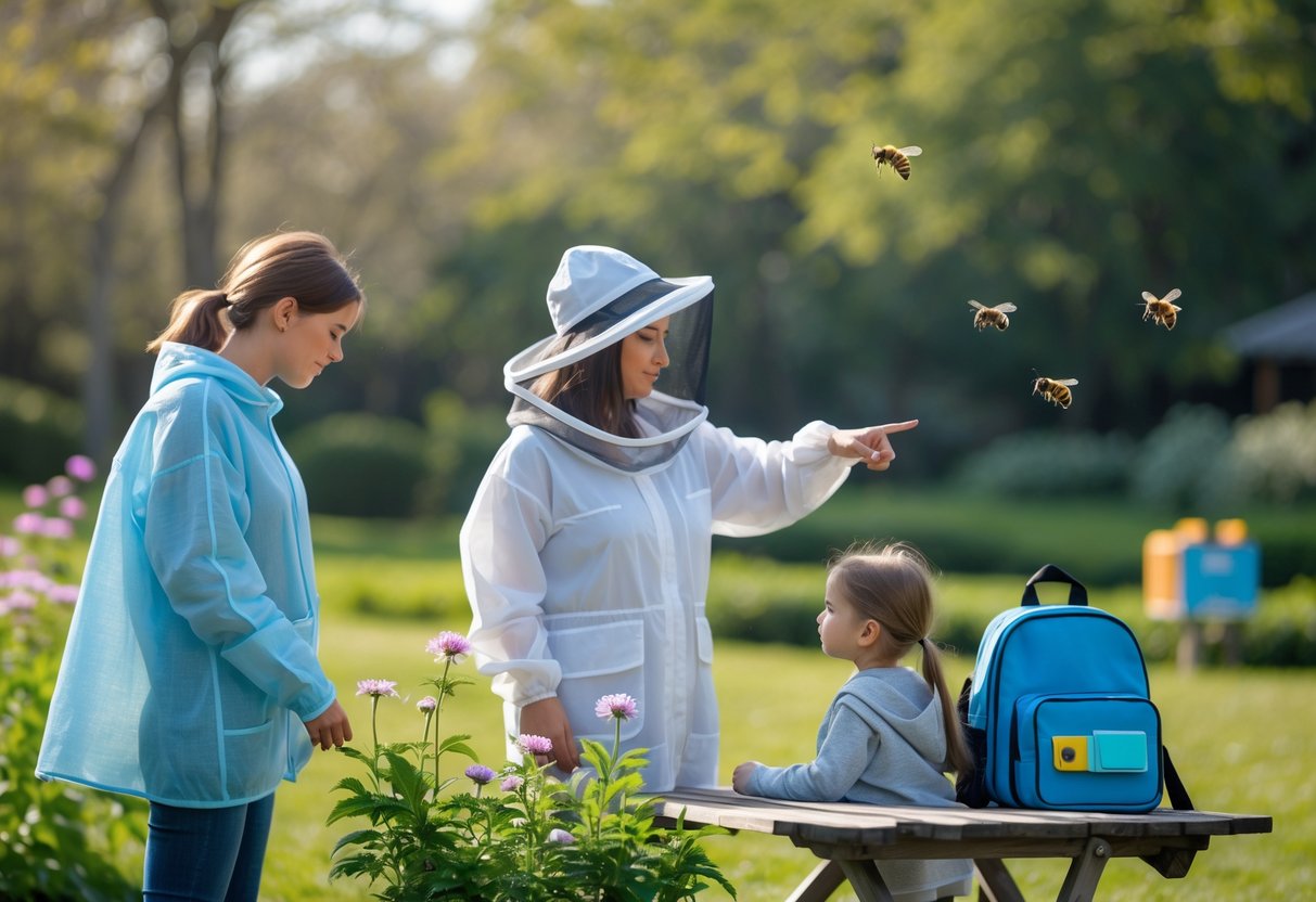 An adult and child in a garden observing flowers while wearing light protective clothing, with bees nearby and a first aid kit visible on a picnic table.