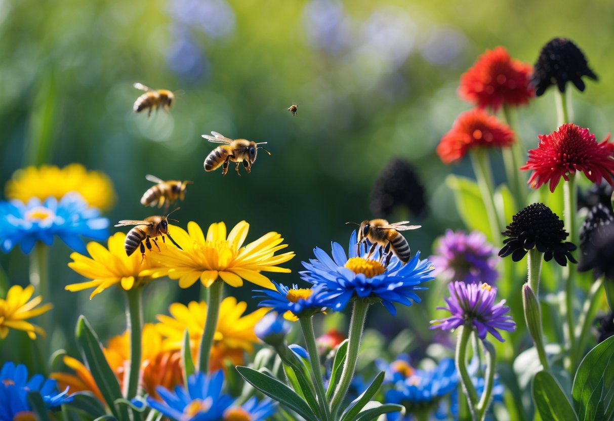 Close-up of bees landing on yellow, blue, and purple flowers while avoiding red and black flowers in a garden.