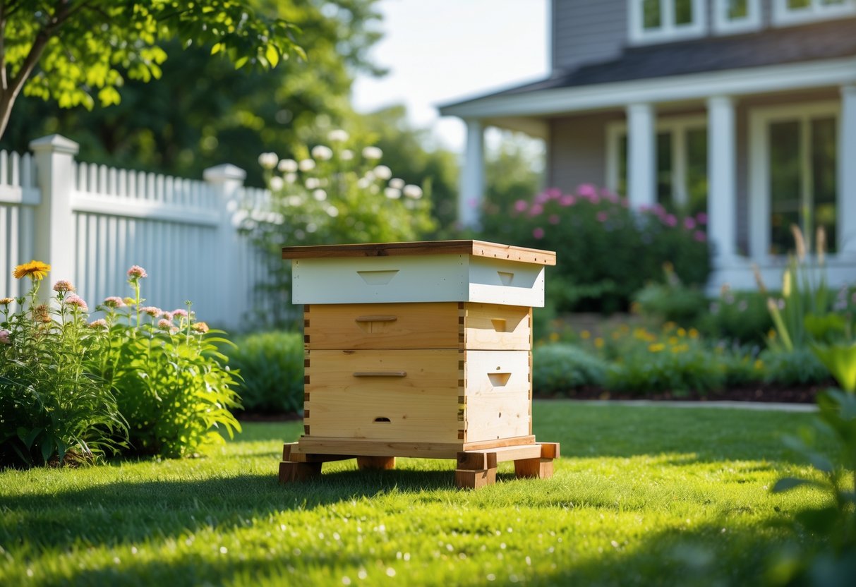 A wooden beehive in a green garden with flowering plants and a house in the background.