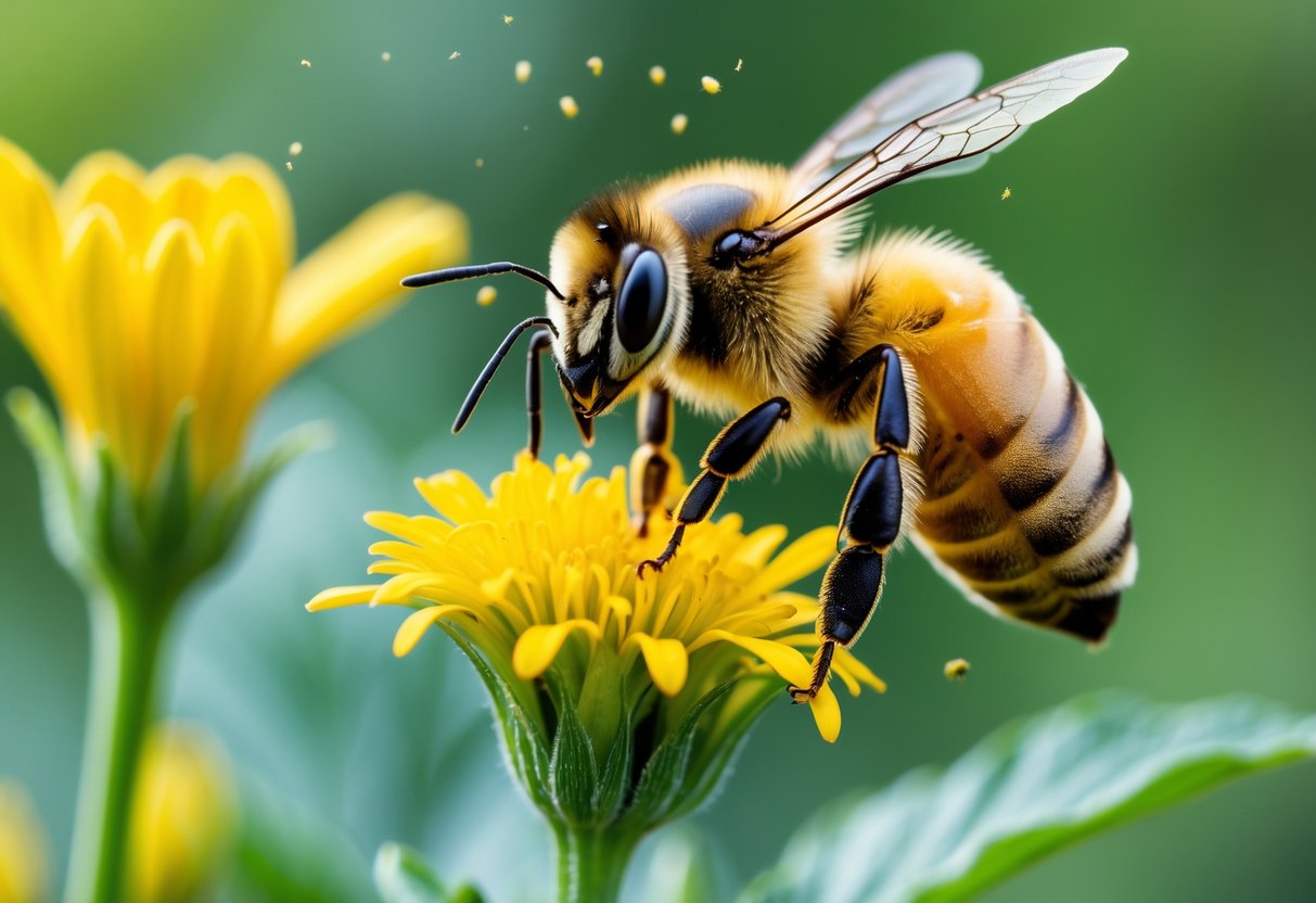 A honeybee flying near a yellow flower with green foliage in the background.
