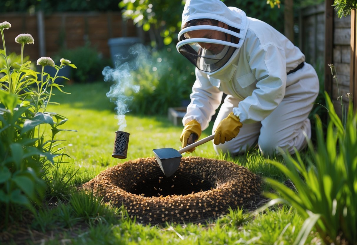 A person in protective gear carefully removing a bees' nest from the ground in a garden.