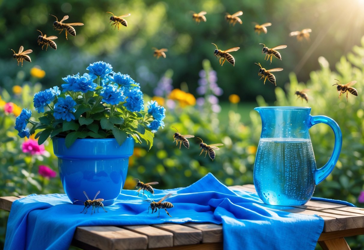 Outdoor garden scene with blue objects like a flower pot, tablecloth, and water pitcher, with wasps flying nearby but avoiding the blue items.