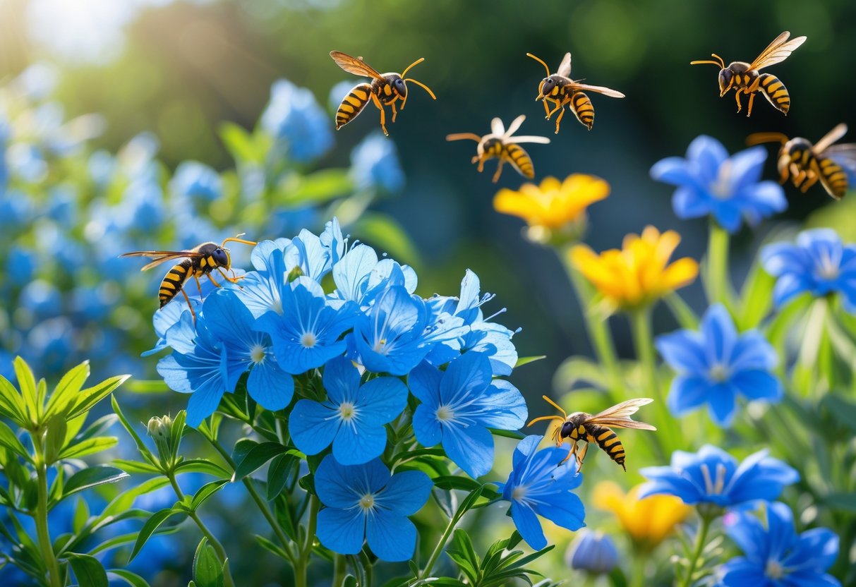 A garden with vibrant blue flowers and green plants, with wasps flying nearby but avoiding the blue blossoms.