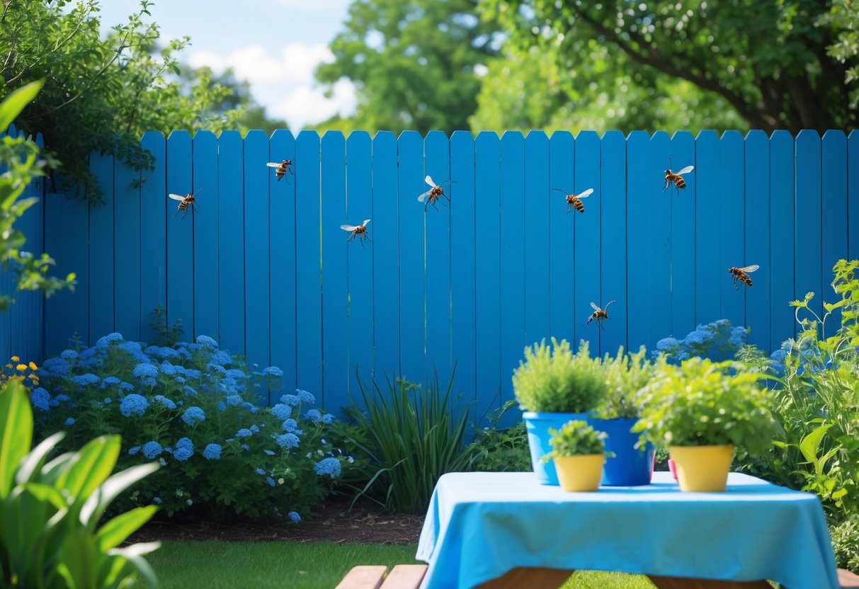 Outdoor garden with a bright blue wooden fence surrounded by green plants and flowers, with a picnic table nearby and no wasps visible.